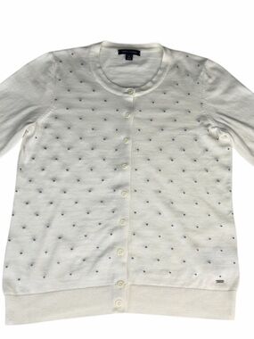 Tommy Hilfiger Ivory Crewneck Cardigan with Tiny Gray Dots.